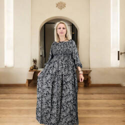 Ie traditionala Rochie lunga de vara cu maneca 3 4 - imprimeu floral negru