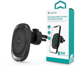 DEVIA szellőzőrácsba illeszthető vezeték nélküli autós töltő/tartó MagSafe funkcióval - 15W - Devia Smart Series Magnet Car Mount With Wireless Charging - fekete