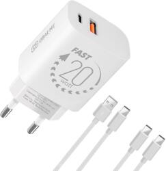 OBAL:ME Fali töltő USB-A + USB-C 20W + 2x Kábel 1m Fehér