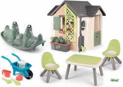 Smoby Set căsuță grădinarului și măsuța cu scăunele Garden House Life Smoby extensibilă cu ghivece de flori și roabă cu unelte și balansoar cu două fețe (SM810408-21)