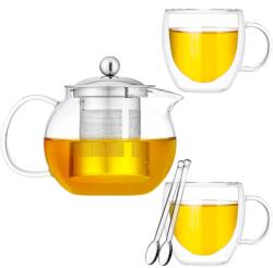 Quasar & Co Teáskanna szett 2 csészével és 2 kanállal, Quasar & Co. ®, teafőzővel és fedővel, 650 ml, 2 x 250 ml, hőálló, üveg, átlátszó (43041007)