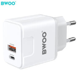 BWOO Univerzális hálózati gyors töltőfej, 1xType-C / 1xUSB, 3A / PD 20W / QC 18W, fehér, BWOO CDA157