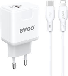 BWOO Hálózati töltőfej 1xUSB / 1xType-C + Type-C / iPhone 8pin adatkábel, PD 20W / QC 3.0, 1M, fehér, BWOO BO-CDA157C-L
