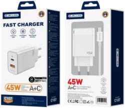 Jellico C107 PD GAN 45W 1x USB-C + 1x USB-QC3.0 Hálózati gyorstöltő (+TYPE-C-TYPE-C kábel), fehér