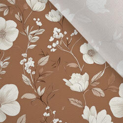 Takoy Ruházati anyag / Ruha anyag fényes hatással fehér virágok Via mocha mousse alapon