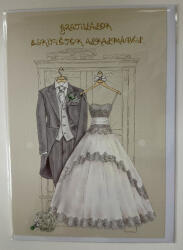  Gratulálok esküvőtök alkalmából - elegáns képeslap menyasszonyi ruhás grafikával (borítékkal) (363194)