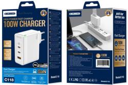 Jellico fali töltő C118 GaN PD 100W 2xUSB-C + 1xUSB QC3.0 + kábel USB-C - Lightning Fehér