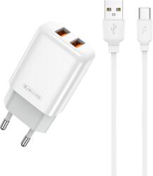 Jellico EU02 hálózati töltő adapter 2.4A 12W 2xUSB + Type C kábel fehér