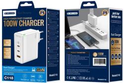 Jellico fali töltő C118 GaN PD 100W 2xUSB-C + 1xUSB QC3.0 Fehér
