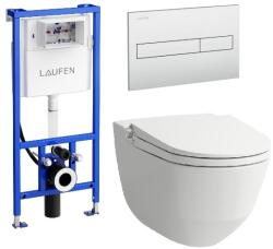 Laufen Riva okos wc szett, fehér wc csésze matt króm nyomólappal SZP-LA3, (H8206914000001, H8946660000001, H8956610070001) (SZP-LA3)