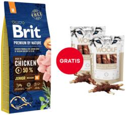 Brit Premium By Nature Junior Medium M Chicken 15 kg + WOOLF Chicken And Rawhide Twister 2 x 100 g szárított bőr csirkehússal körbetekerve AJÁNDÉKBA