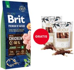 Brit Premium By Nature Junior Extra Large XL Chicken 15 kg + WOOLF Chicken And Rawhide Twister 2 x 100 g szárított bőr csirkehússal körbetekerve AJÁNDÉKBA