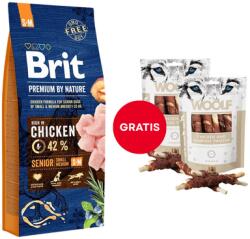 Brit Premium By Nature Senior Small Medium S+M Chicken 15 kg + WOOLF Chicken And Rawhide Twister 2 x 100 g szárított bőr csirkehússal körbetekerve AJÁNDÉKBA