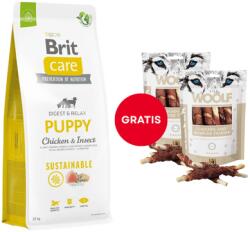 Brit Care Sustainable Puppy csirkével és rovarokkal 12 kg + WOOLF Chicken And Rawhide Twister 2 x 100 g szárított bőr csirkehússal körbetekerve AJÁNDÉKBA