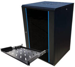 Techson 600 × 600 mély 18U magas, fekete rackszekrény, 350 mm mély polccal (rack_tc_60x60x18u+polc)