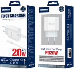 Jellico AK200 1XUSB-C PD 20W Hálózati gyorstöltő ( +Type-C - Lightning kábel), fehér