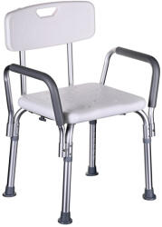 ActionMed Scaun de baie dreptunghiular ActionMed, cu spatar si suport pentru maini, 4 picioare, inaltime ajustabila, greutate maxima 110 Kg, Alb Gri