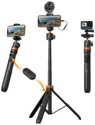 K&F Concept MS08 állvány, selfie bot, gömbfejjel, Gopro adapter, telefon adapter, bluetooth kioldó