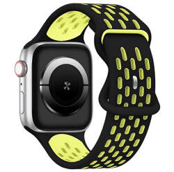 Apple Watch 4-6, SE, SE (2022) (38 / 40 mm) / Watch 7-9 (41 mm) / Watch 10 (42 mm), szilikon pótszíj, légáteresztő, lyukacsos, ovális lyukas, kétszínű, fekete/sárga
