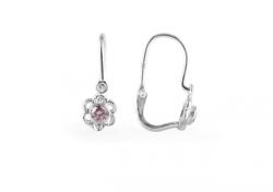 Ezüst gyermek fülbevaló előlkapcsos virág rózsaszín kővel ródium bevonattal