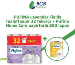 Pufina Lavender Fields toalettpapír 100% cell 32 tek 140 lap 3 rétegű, levendula illatával + ajándék Pufina Home Care 245 lapos papírtörlő