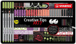 STABILO Tűfilc készlet, fém doboz, STABILO "Creative Tips ARTY", 6 különböző pasztell szín, 5 különböző vastagság (89/30-6-2-20) - kreativjatek