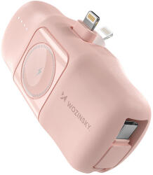 Wozinsky WF16-YLS 5000mAh 15W Lightning Mini Power Bank beépített USB-C kábellel és Apple Watch töltővel - Rózsaszín