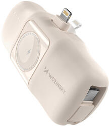 Wozinsky WF16-YLS 5000mAh 15W Lightning Mini Power Bank beépített USB-C kábellel és Apple Watch töltővel - bézs - dellaprint