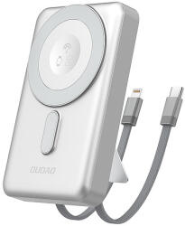Dudao K29 10000mAh PD 20W MagSafe Powerbank fém tokkal, állvánnyal és beépített USB-C/Lightning kábelekkel - ezüst
