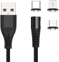 Maxlife MXUC-02 - 3in1 kábel - USB - Lightning / Type-C (USB-C) / MicroUSB cserélhető mágneses fejekkel, fekete szövet kábel 2, A, 1 m