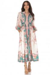 RohBoutique Rochie maxi de ocazie , crem , cu imprimeu floral si buzunare - ROH DR4754