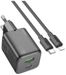 hoco. n41 hálózati töltő usb+type-c aljzat (20w, gan, pd gyorstöltő 3.0 + lightning kábel) fekete (N41_LIGHTNING_B) - rufusz