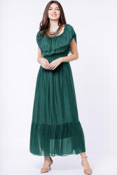 SHOPIKA Rochie lunga, verde inchis, din matase naturala, cu volan pe umeri Talie unica