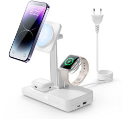 ESR - Prémium 5 az 1-ben Vezeték nélküli Töltőállomás HaloLock (6E004) - GaN-nel, iPhone MagSafe, AirPods, Apple Watch, 65W - Fehér
