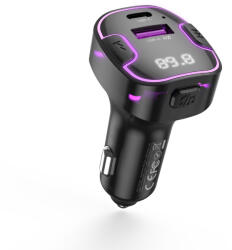 Transzmitter XO BCC12 - autós Bluetooth transzmitter + USB/Type-C (USB-C) autós töltő, fekete, 3, 1A