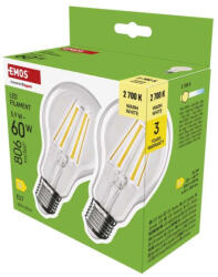 EMOS ZF5D42.2 60 W / 806 lm / Meleg fehér LED izzó Filament A60 / E27 / 5, 9 W (2 darabos kiszerelésben rendelhető, az ár darabonként értendő)