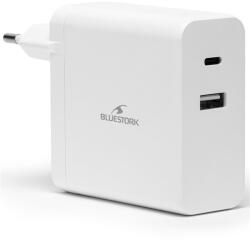 Bluestork Hálózati töltő - PW-NB-65-C-W (USB-C, USB-A, 65W, 1.8m kábel, Fehér) (PW-NB-65-C-W)