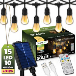 Lumileds Napelemes kerti girland 15x LED dekoratív izzó 10m + távirányító IP65 2700K Meleg SOLLIS LUMILED (LUMSOL0120)