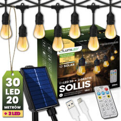 Lumileds Napelemes kerti girland 30x LED dekoratív izzó 20m + távirányító IP65 2700K Meleg SOLLIS LUMILED (LUMSOL0130)