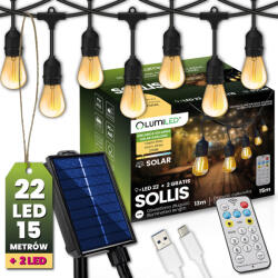 Lumileds Napelemes kerti girland 22 db LED dekoratív izzó 15 m + távirányító IP65 2700 K Meleg SOLLIS LUMILED (LUMSOL0125)