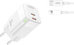 XO CE08 Fehér Hálózati Töltő szett PD35W 2*USB-C + USB-C/Lightning kábel a dobozban