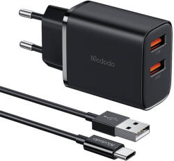 Mcdodo CH-5072 2 x USB-A Hálózati Töltő Adapter 12 W + USB-A apa - USB-C apa Töltőkábel - Fekete