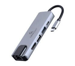 Gembird Docking Station USB-C 5 in 1 A-CM-COMBO5-04 - USB-C, USB-A, HDMI, RJ-45 Gigabit LAN, PD 87 W, Argintiu - Compatibil Universal (Windows/Mac/Chrome OS) (A-CM-COMBO5-04) - vexio