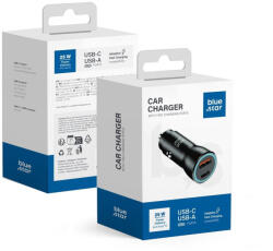 Blue Star autós töltő 3A 25W Type C + USB A PD QC3.0 AFC PPS fekete - mobilehome
