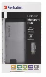 Verbatim USB elosztó-HUB és ethernet átalakító, SD kártya olvasó, 4 port, USB 3.0, USB-C, HDMI, VERBATIM