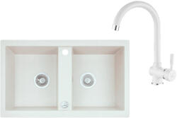 Laveo BARBADOS kétmedencés fehér szett álló csappal dugókiemelős helytakarékos szifonnal (SRB_620TL) - mosibolt