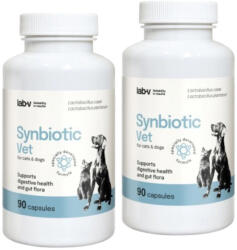 Lab-v LAB-V Synbiotic Vet - Gyomor-bélrendszeri egészségtámogatás és bélflóra kutyák és macskák számára 2x90 kapszula