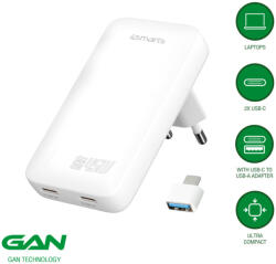 4smarts FlatPlug Slim Dual USB-C hálózati adapter, 65W GaN, fehér (4S542065)