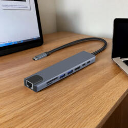  USB-C HUB 8 portos átalakító - HDMI, 2x USB-C, SD/microSD kártyaolvasó, vezetékes internet (LAN), 2x USB 3.0 - sokoldalú csatlakozás laptophoz és PC-hez