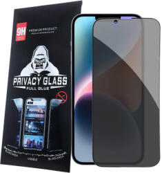 Apple 13 / 13 Pro / 14 / 16e üvegfólia, tempered glass, előlapi, 5D, edzett, hajlított, fekete kerettel, betekintés védelemmel, Privacy